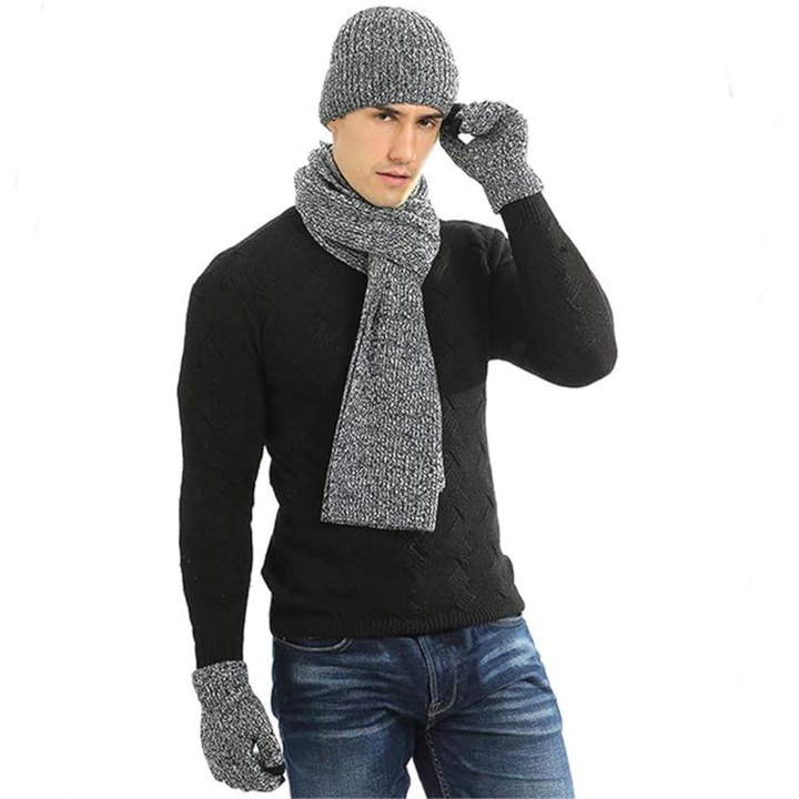 Men's complete warm winter set: beanie, scarf & gloves for ultimate cold weather comfort.