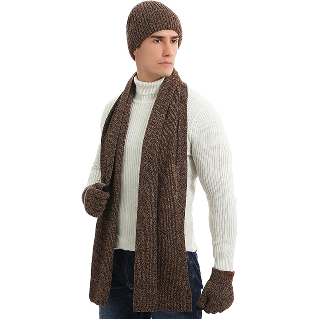 Men's knitted winter accessories set: cozy beanie, long scarf & tech-friendly gloves.