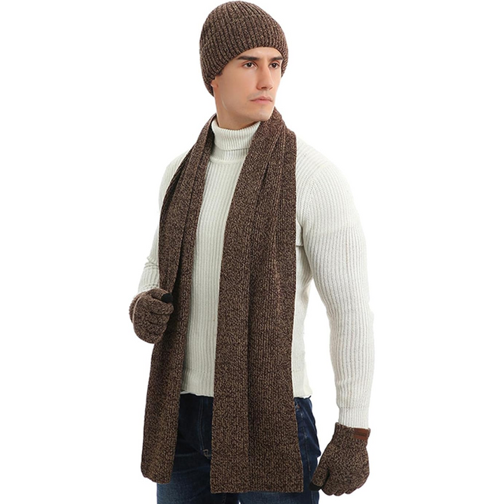 Men's knitted winter accessories set: cozy beanie, long scarf & tech-friendly gloves.
