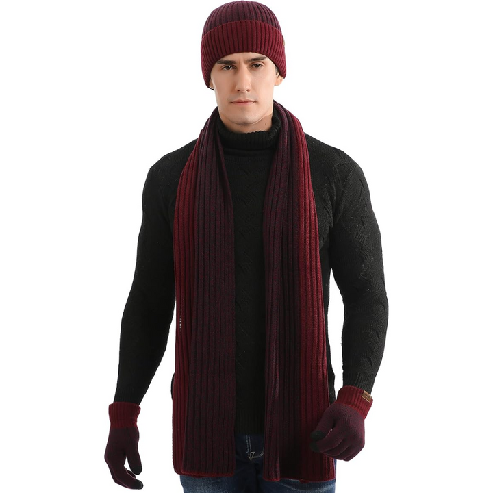 Stylish knitted men's winter set with a cozy beanie, warm scarf & touchscreen gloves.