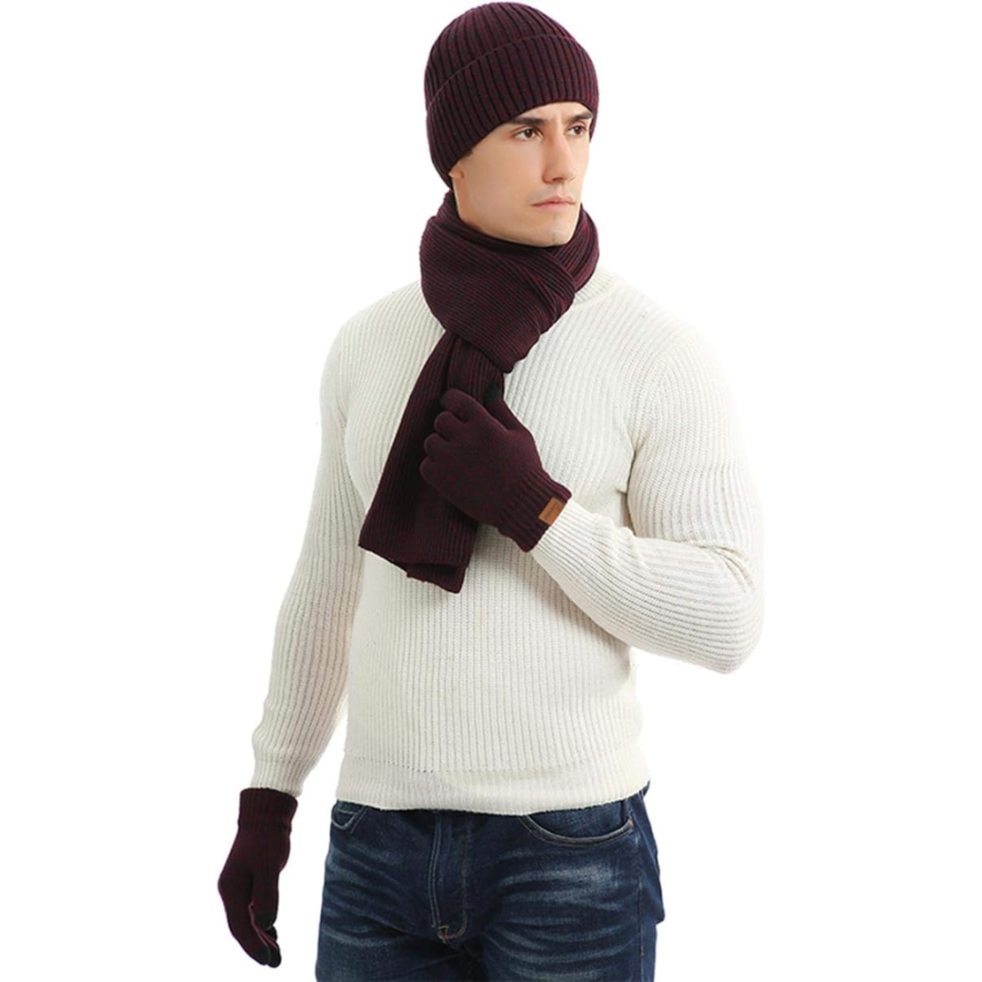Warm men's beanie, scarf & touchscreen gloves set. Perfect for outdoor activities & gifts.
