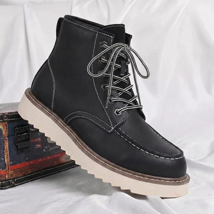 Rugged men's work boots, lace-up design, moc toe, and ankle support for job site safety and comfort. Durable footwear.