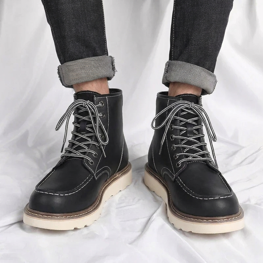 Stylish men's moc toe work boots, lace-up design, provides excellent ankle support. Durable for everyday wear.