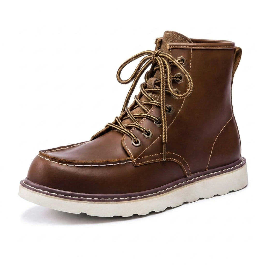 Brown leather men's lace-up work boots featuring a classic moc toe and reinforced ankle support. Durable job site footwear.