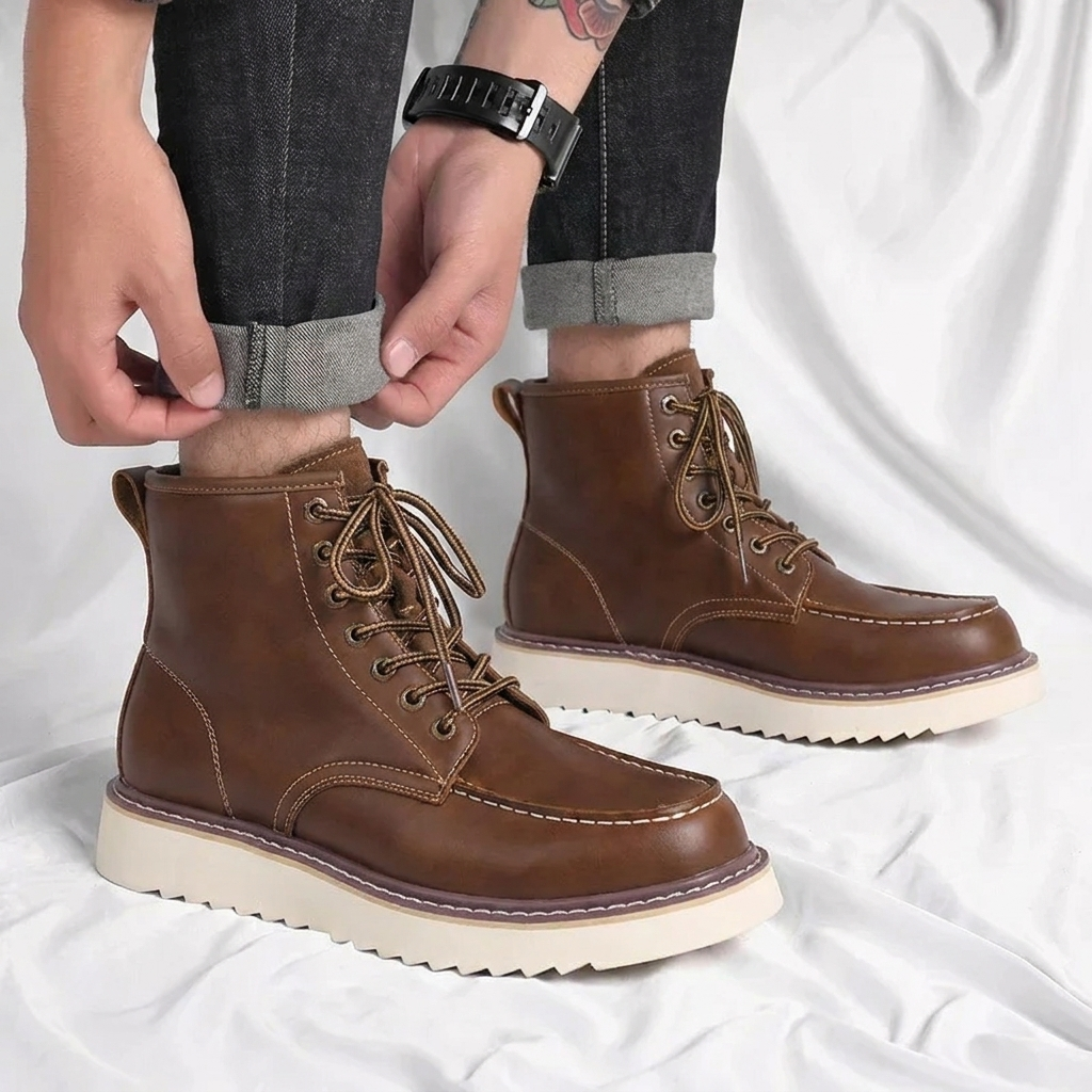 Heavy-duty men's work boots with lace-up moc toe and robust ankle support, perfect for demanding job sites.