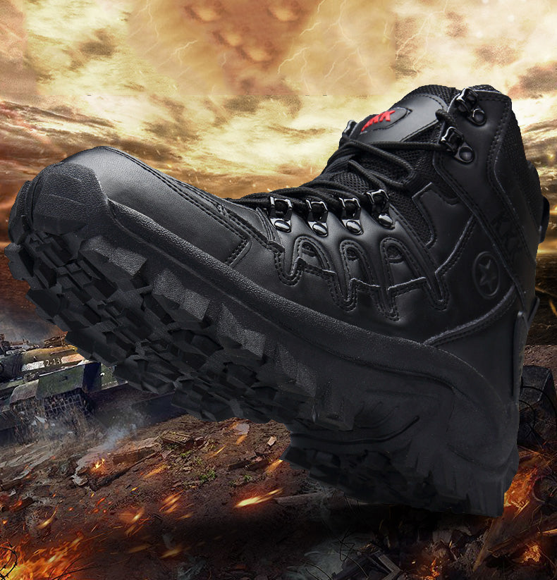 Men's rugged tactical hiking work boots with secure lace-up design, ideal for outdoor adventures & tough jobs.