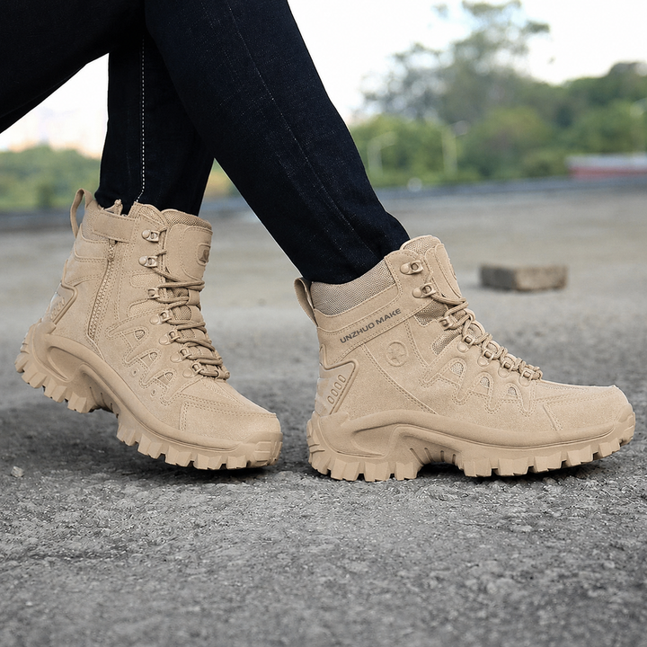 Rugged men's lace-up work boots, designed for tactical use & comfortable hiking. Durable outdoor adventurer footwear.