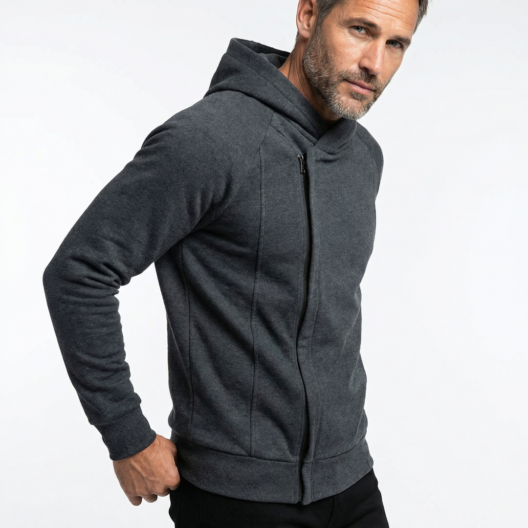 Black men's casual hoodie, full-zip design with pockets, great for all-season layering.