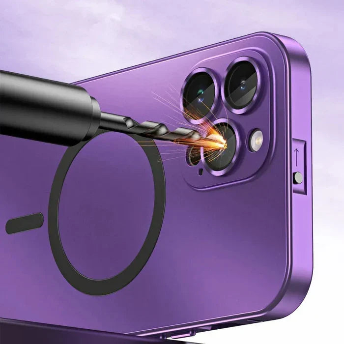 Stylish universal metal iPhone case with magnetic attachment. Offers durable, shockproof protection.