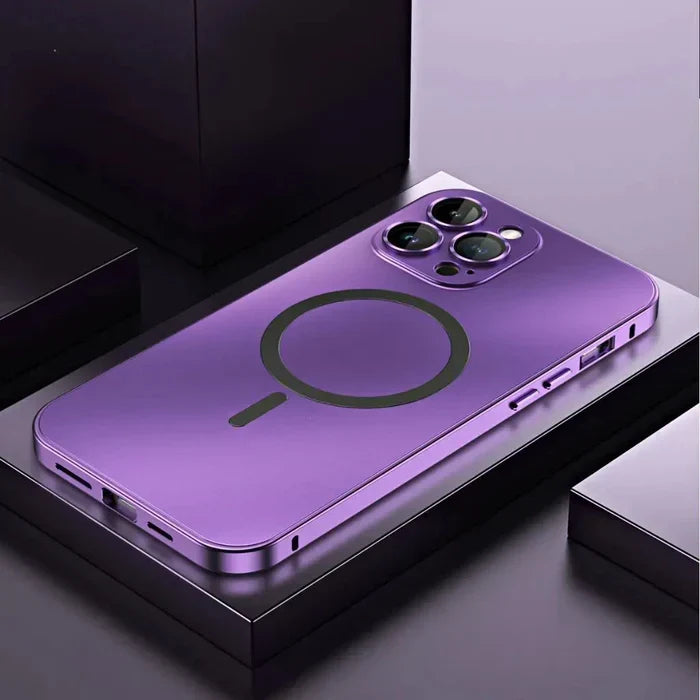 Magnetic metal protective case for iPhone 15, iPhone 14, iPhone 13. Durable & sleek phone accessory.