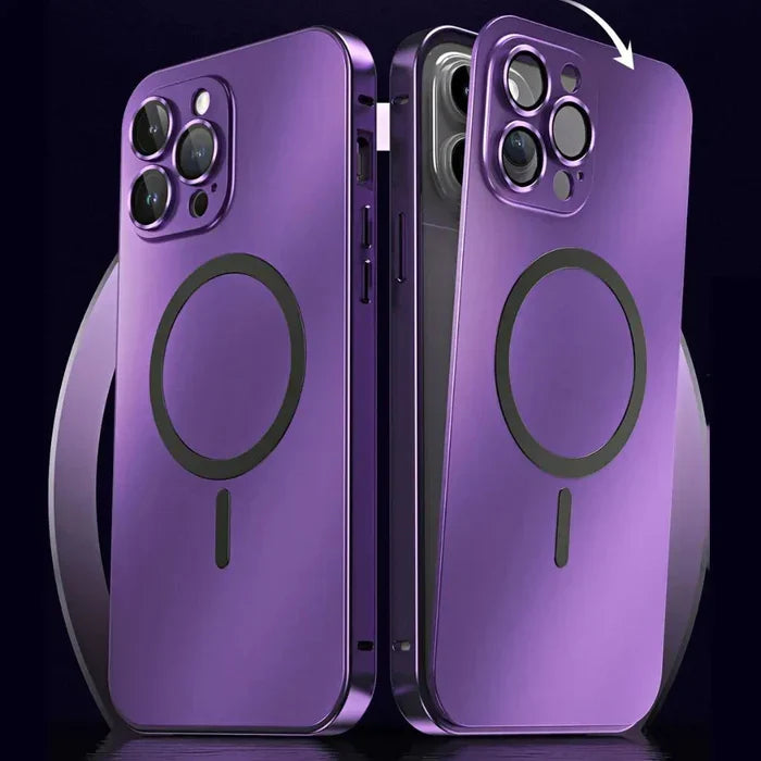 Magnetic metal protective case for iPhone. Durable, sleek, and shockproof accessory for your phone.