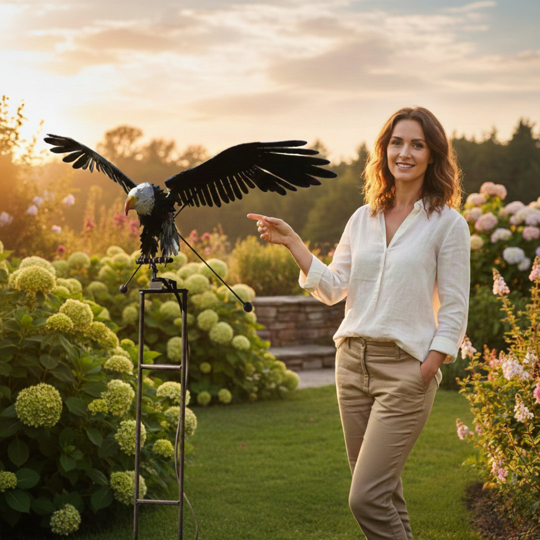 Metal garden windmill sculpture with spinning wings, perfect outdoor decor.