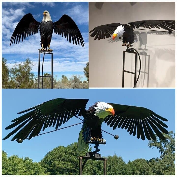 Durable metal windmill decor for gardens, with eye-catching rotating blades.