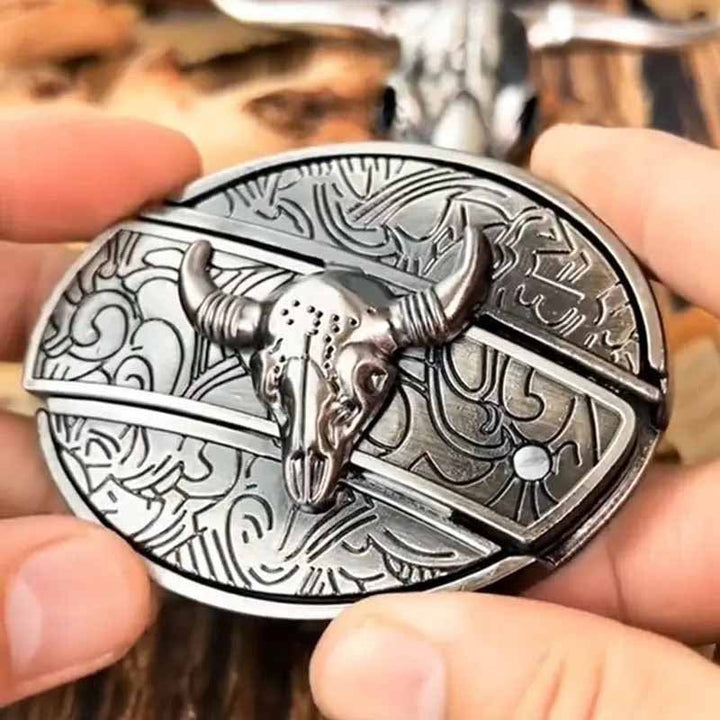 Men's Western belt buckle with hidden EDC tool. Rugged zinc alloy cowboy accessory.
