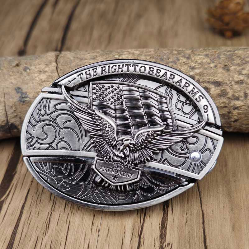 Western style men's belt buckle with an integrated, hidden EDC tool for utility.