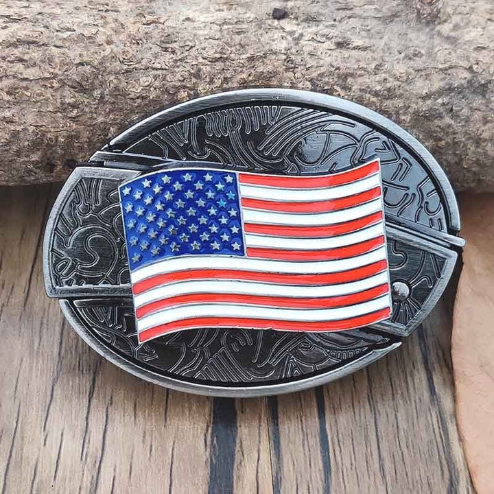 Functional men's Western belt buckle, a robust cowboy accessory with a hidden survival tool.