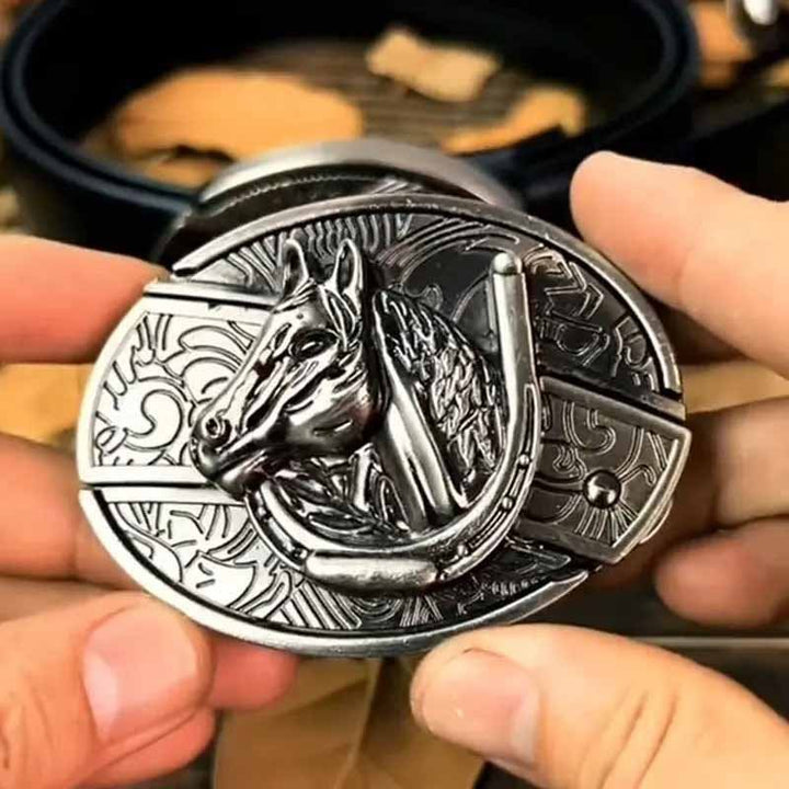 Men's EDC tool belt buckle. Western cowboy design with a hidden utility tool.