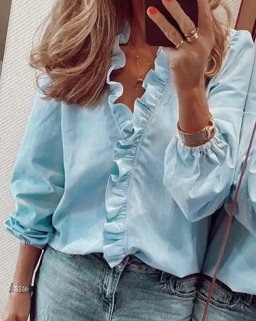 Women's classic ruffle V-neck long sleeve blouse, elegant & versatile for smart casual fashion.
