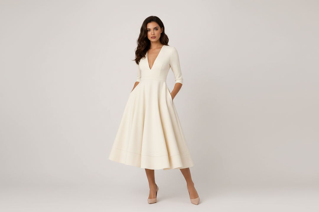 Elegant white V-neck fit-and-flare midi cocktail dress for women. Perfect for special occasions & parties.