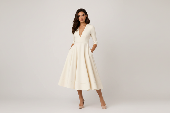 Elegant white V-neck fit-and-flare midi cocktail dress for women. Perfect for special occasions & parties.