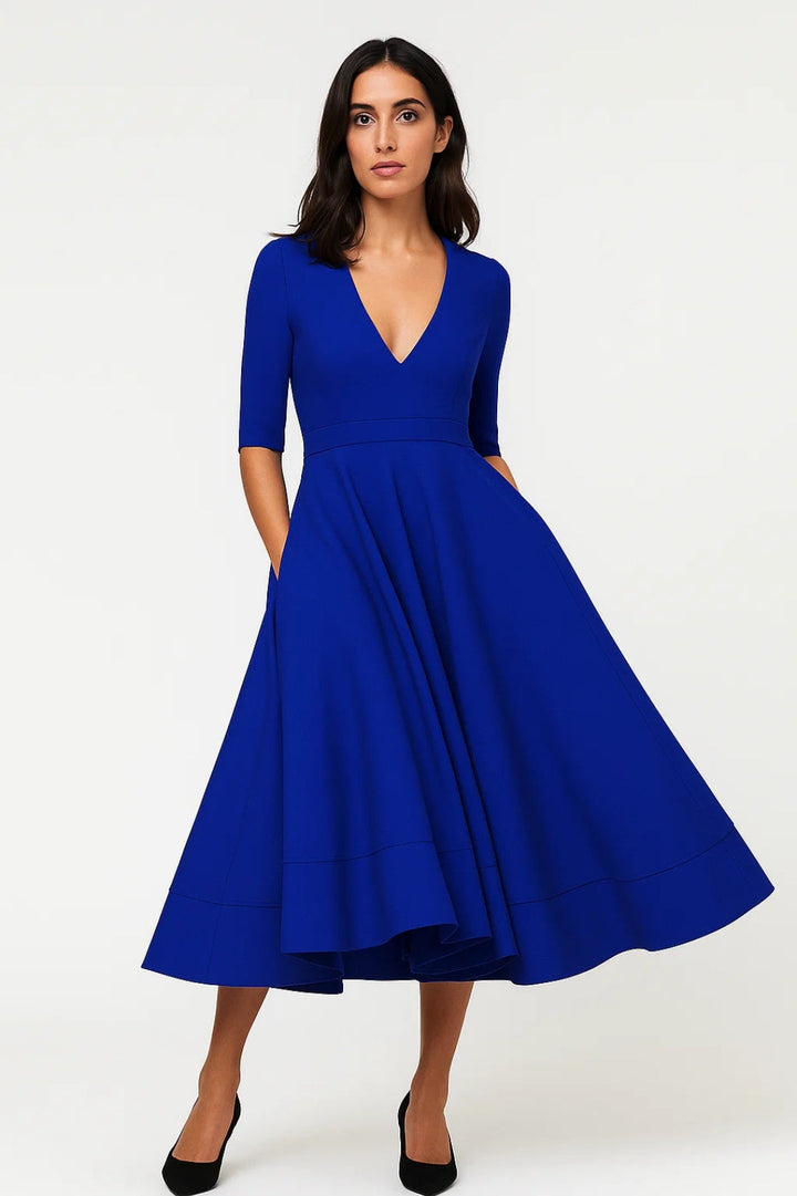 Chic women's fit-and-flare midi cocktail dress with V-neck. Perfect for formal parties and elegant events.