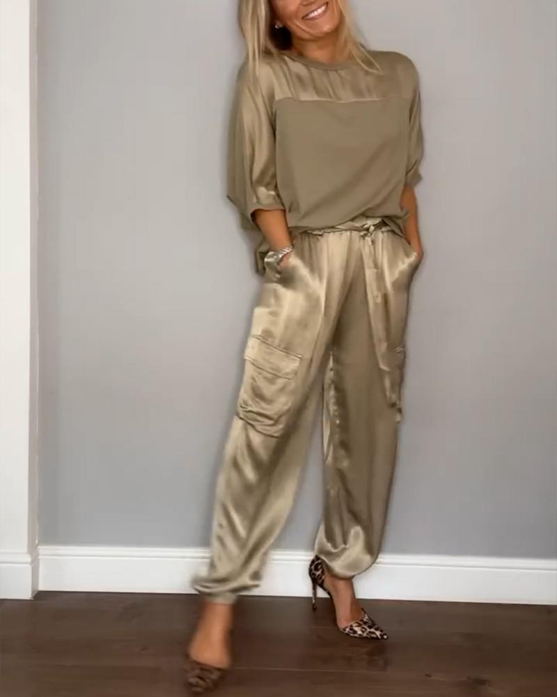 MIA Women's elegant satin two-piece suit set in a luxurious sheen.