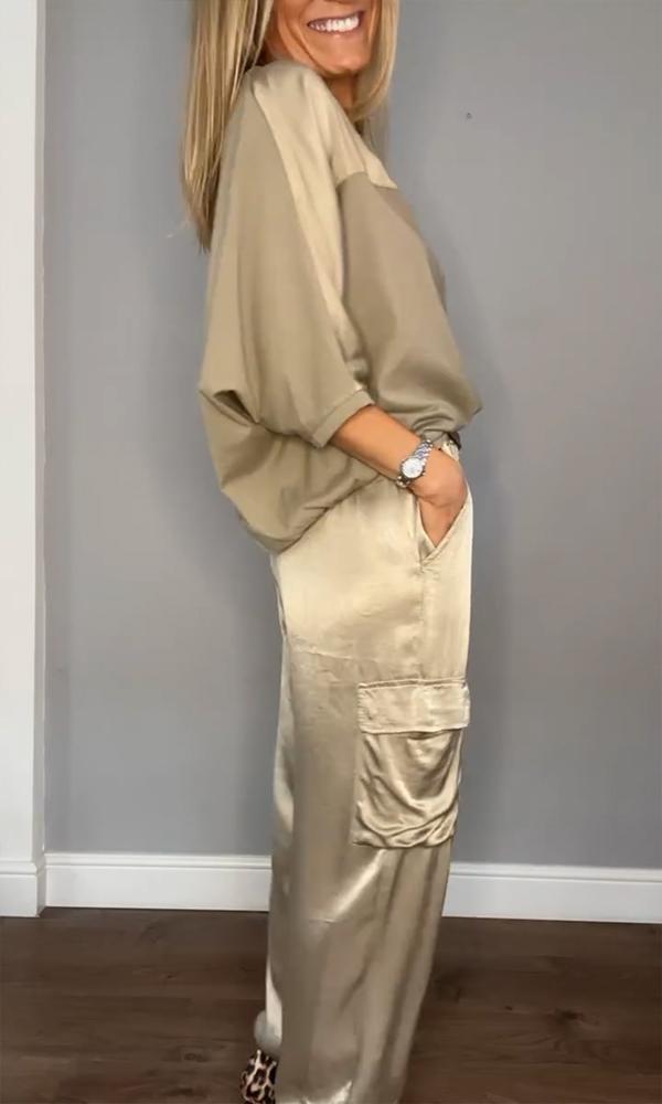 Detailed view of the jacket from the MIA Women's satin two-piece set, highlighting craftsmanship.