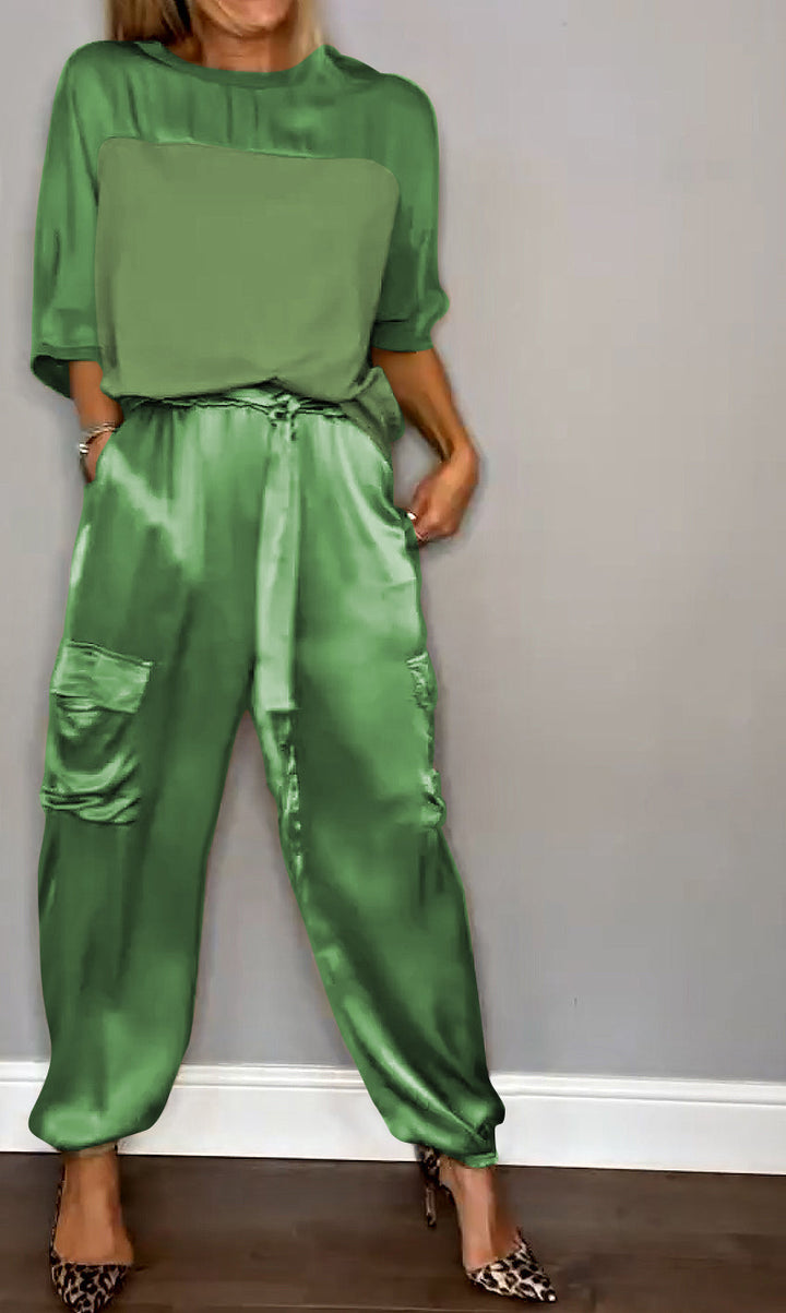 MIA Women's sophisticated satin suit set, perfect for evening wear or elevated casual looks.