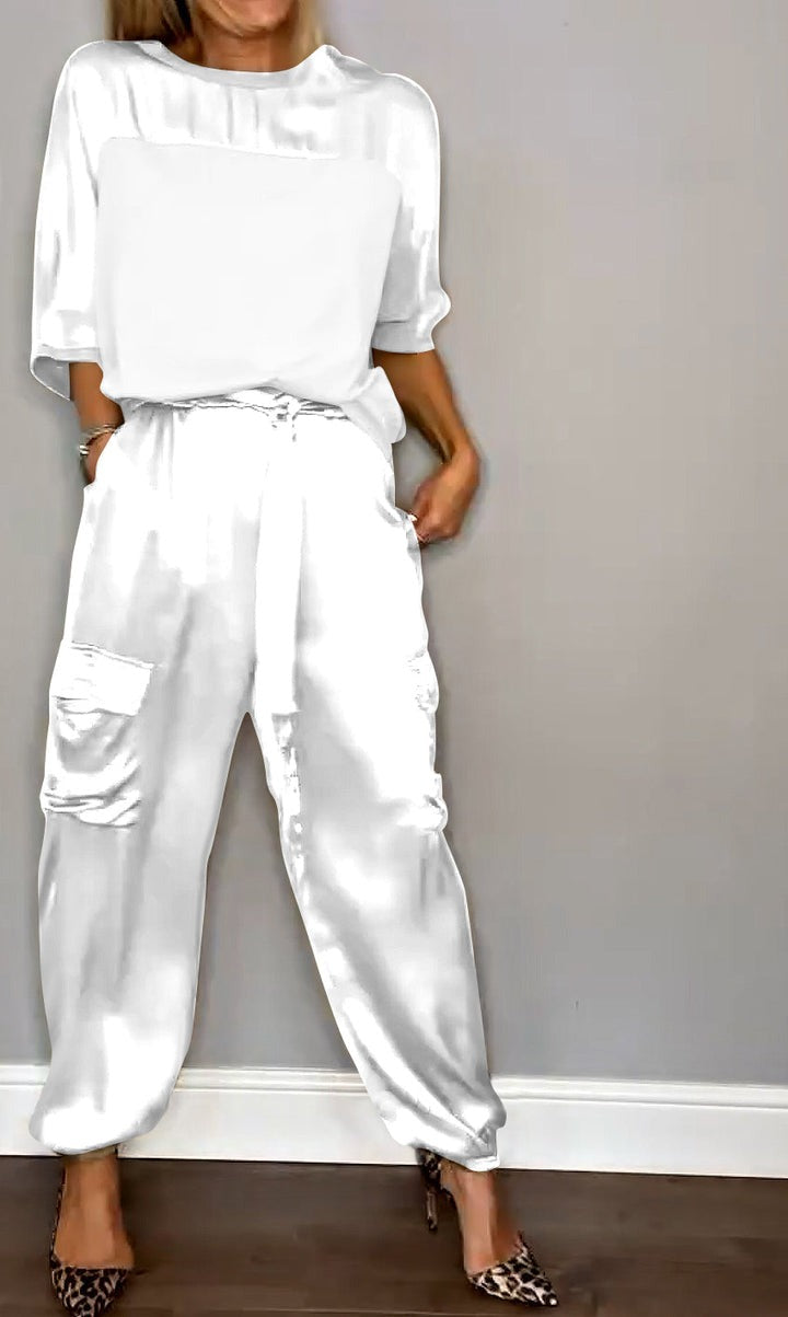 Styling inspiration: MIA Women's versatile satin suit set worn for a relaxed yet polished vibe.