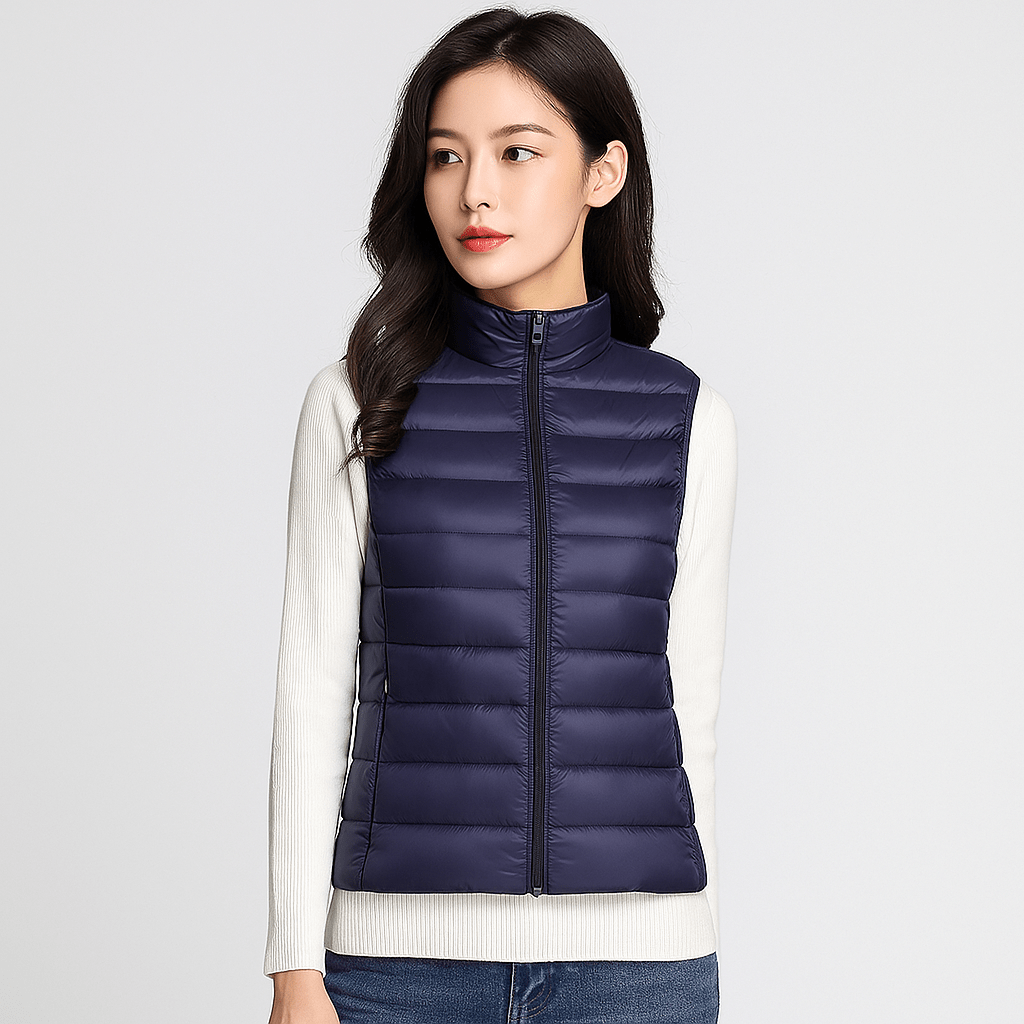 Stylish women's lightweight puffer jacket with pleated detailing. Warm winter coat for elegant everyday wear.