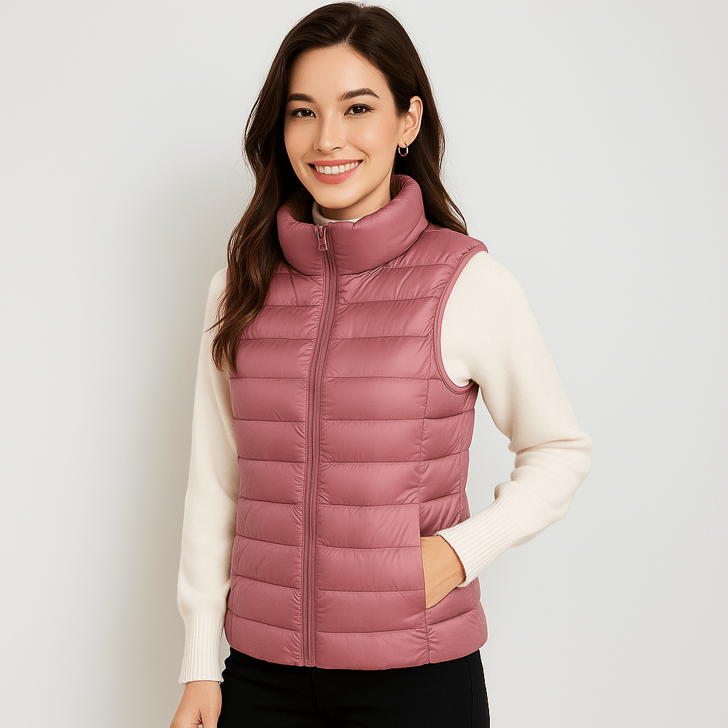 Cozy women's microlight puffer jacket. Warm, lightweight, and stylish, ideal for winter fashion outerwear.