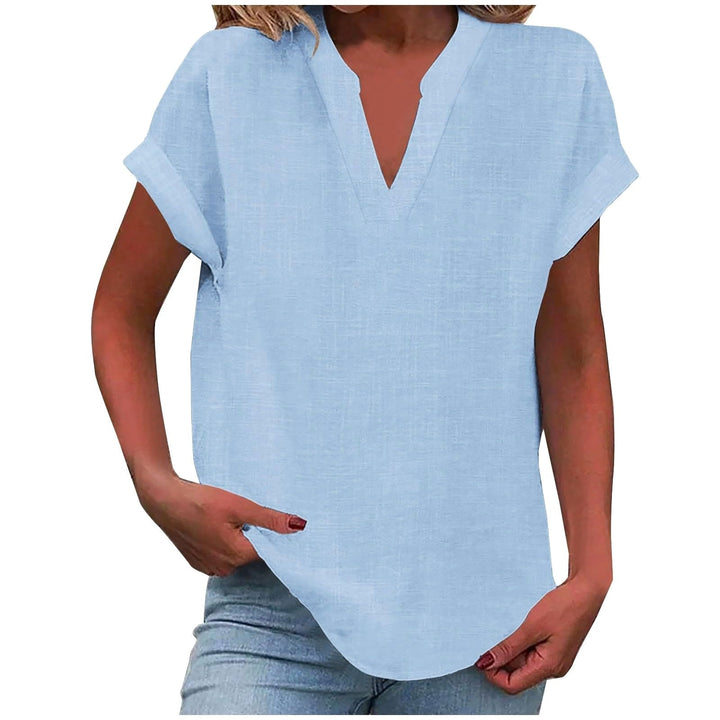 Comfortable women's short sleeve V-neck blouse in a relaxed fit for versatile styling.