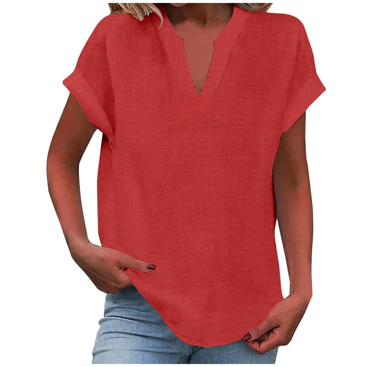 Elegant women's V-neck short sleeve top, relaxed fit, suitable for work or leisure.