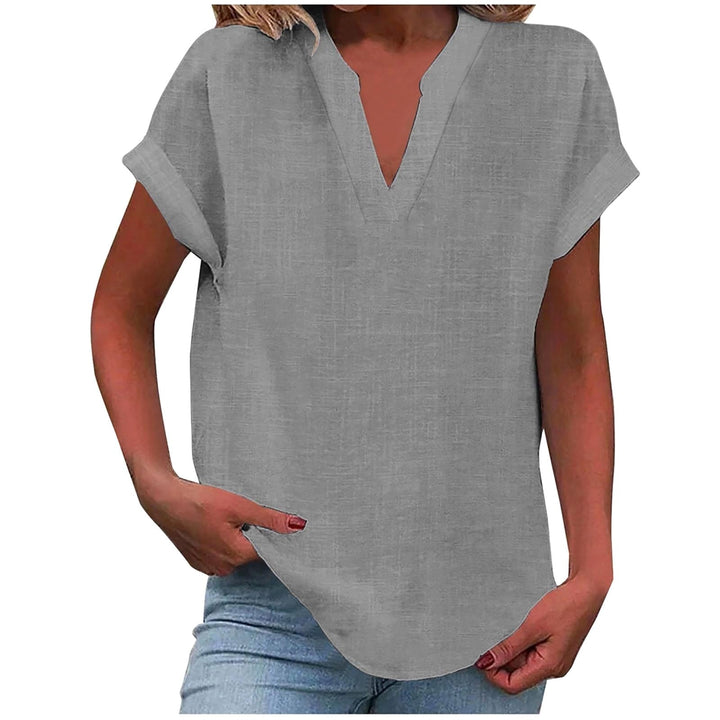 Everyday women's relaxed fit V-neck blouse, short sleeves, a comfortable fashion staple.