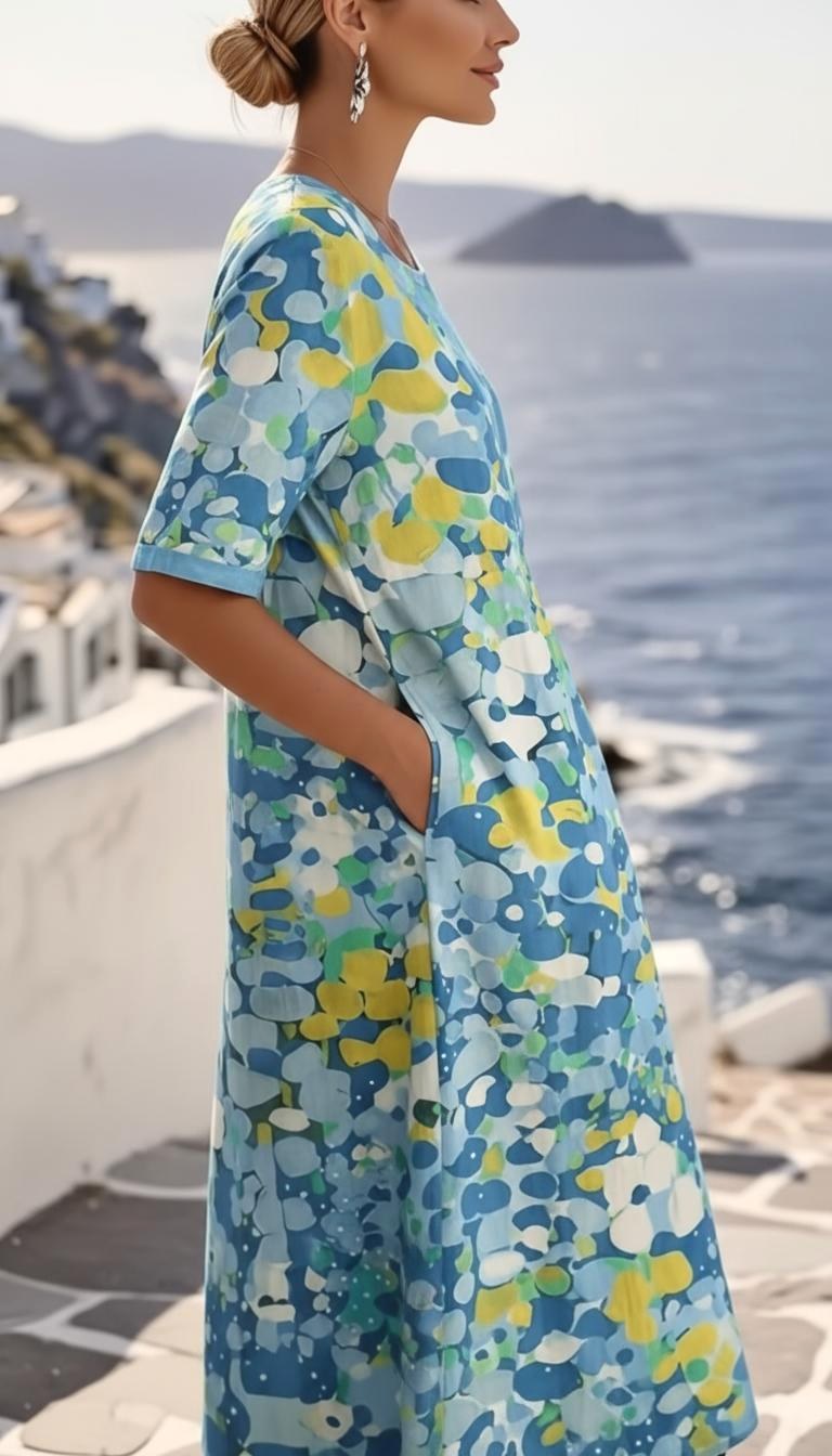 Comfortable short sleeve women's floral midi dress in blue, versatile for wedding guests, parties, or summer wear.