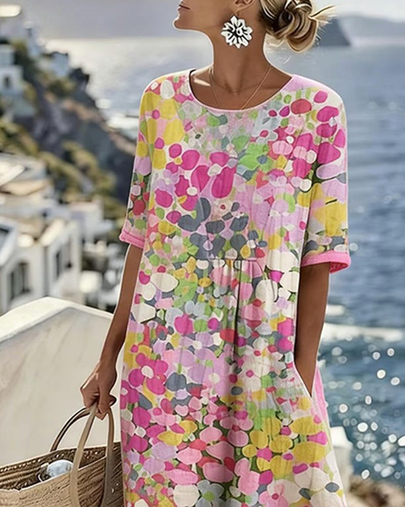 Elegant women's abstract floral midi dress, ideal for spring vacation or casual comfort.