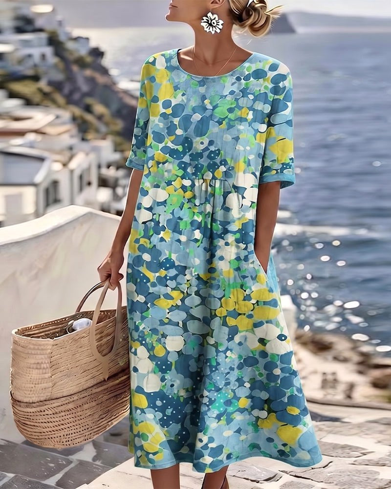 Women's midi dress: abstract floral print, handy pockets, perfect for spring/summer comfort.