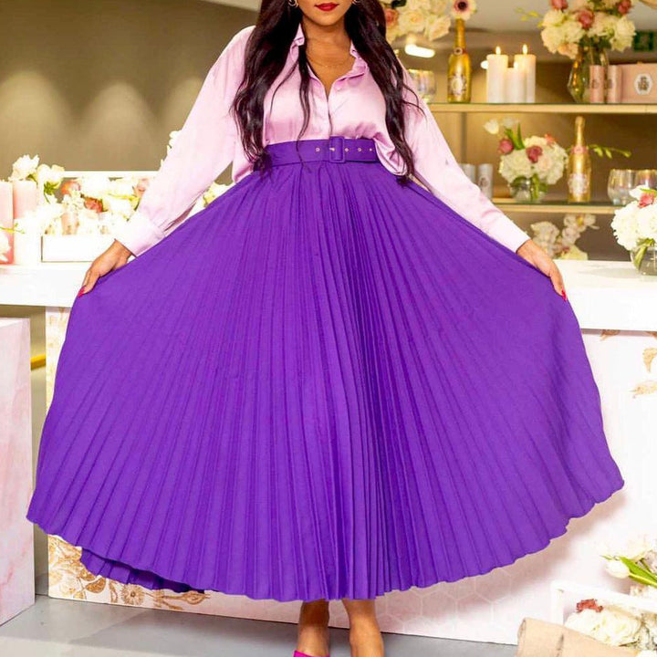 Classic women's pleated midi skirt, belted A-line, high-waist. Elegant & versatile work/casual wear.