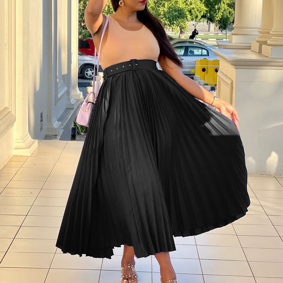 High-waisted pleated A-line midi skirt for women, classic belted style. Perfect for workwear & casual.