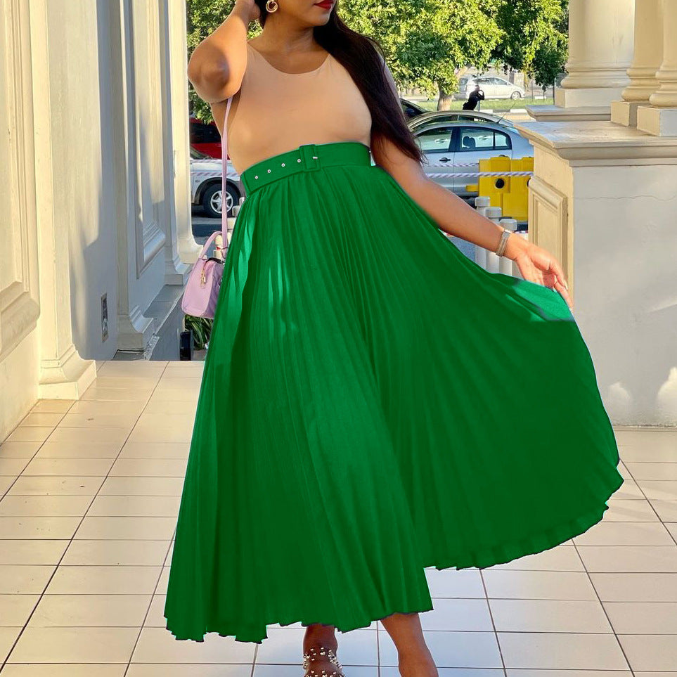 Elegant women's pleated midi skirt with a defined belted waist. Classic fashion piece for any wardrobe.