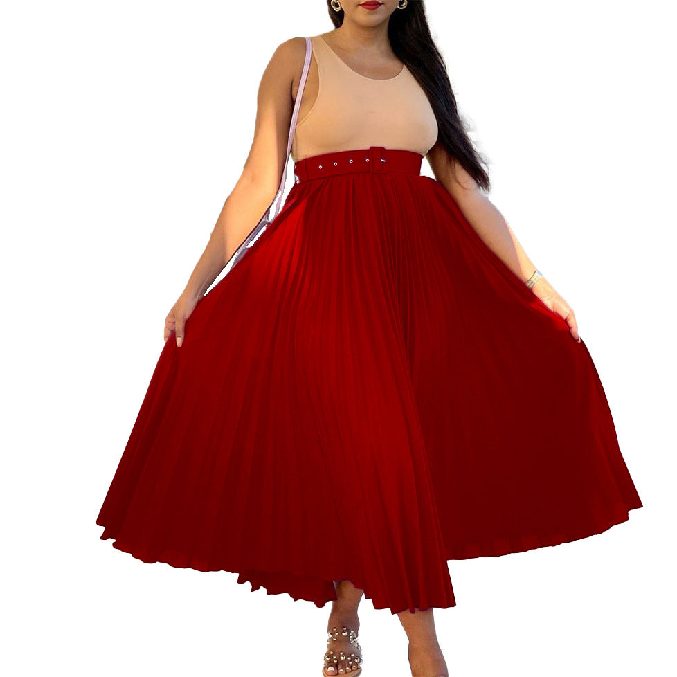 Classic women's A-line midi skirt, pleated & belted, high-waist. Versatile for elegant and daily wear.