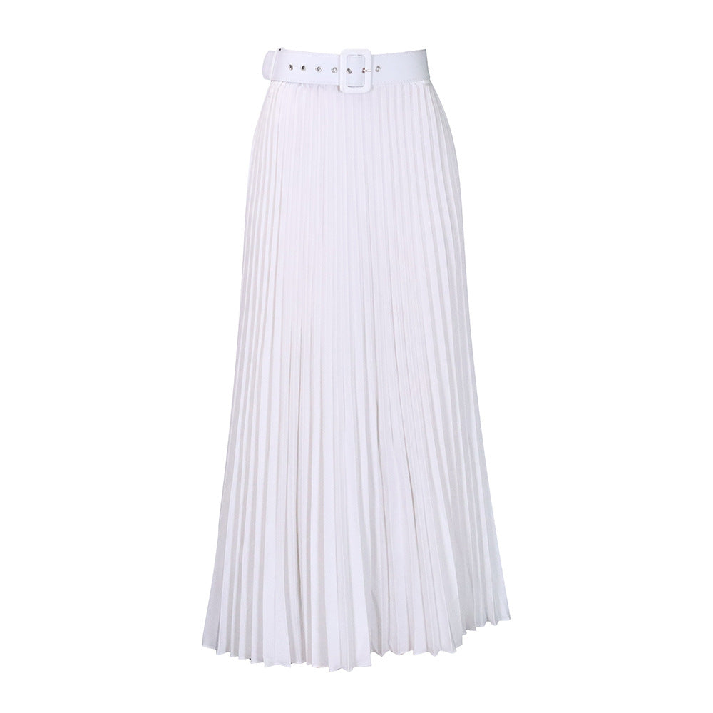 Fashionable women's pleated midi skirt with defined belted waist. Elegant & versatile for various looks.