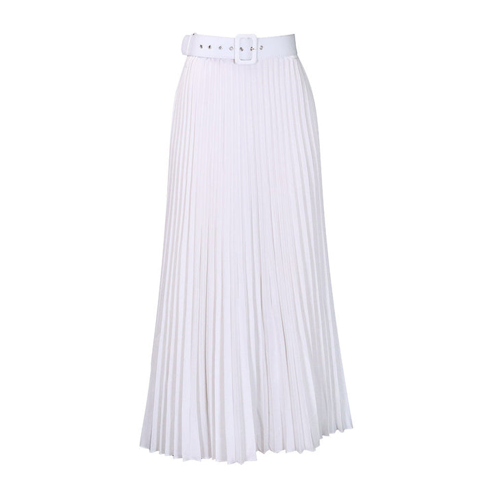 Fashionable women's pleated midi skirt with defined belted waist. Elegant & versatile for various looks.