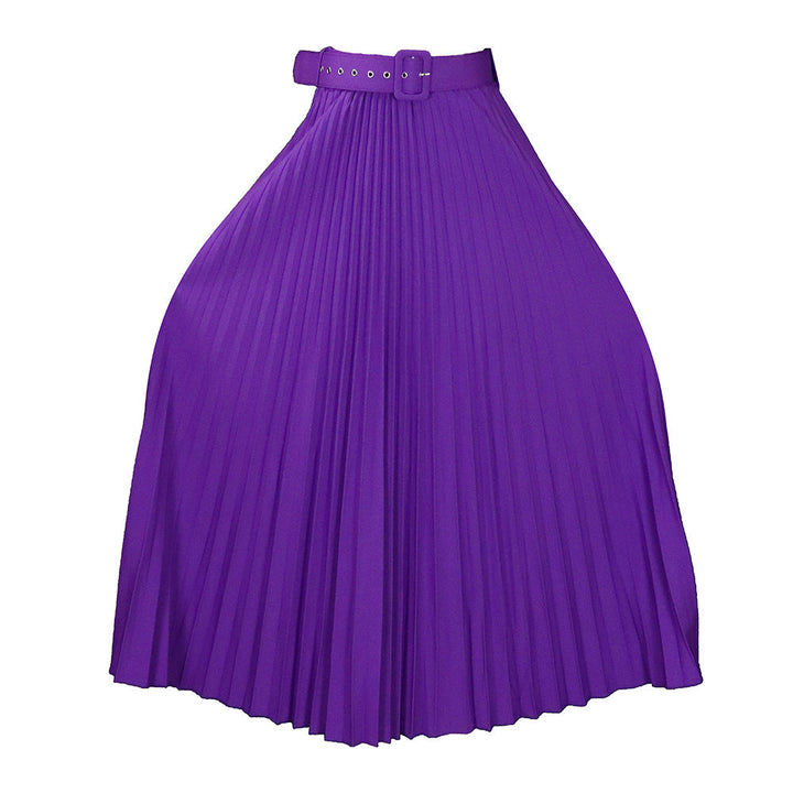 Pleated women's midi skirt, classic A-line design, high-waisted and belted for a defined silhouette.