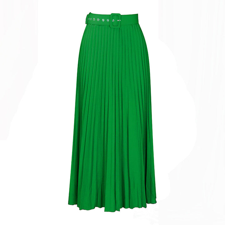 Elegant women's classic midi skirt, pleated A-line, high-waist with a stylish belt. Perfect fashion.