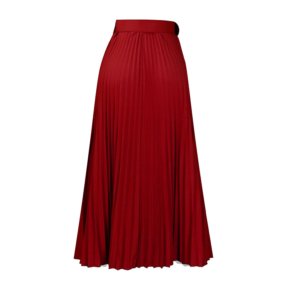 Versatile women's high-waisted pleated midi skirt, belted for a defined silhouette & classic style.