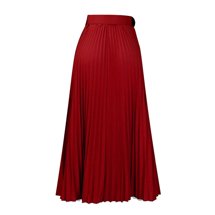 Versatile women's high-waisted pleated midi skirt, belted for a defined silhouette & classic style.