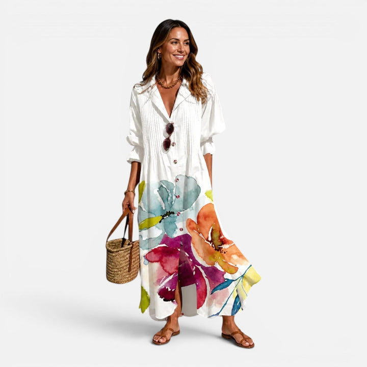 Flowing white floral maxi dress for women, ideal for comfortable, relaxed casual wear and summer fashion.