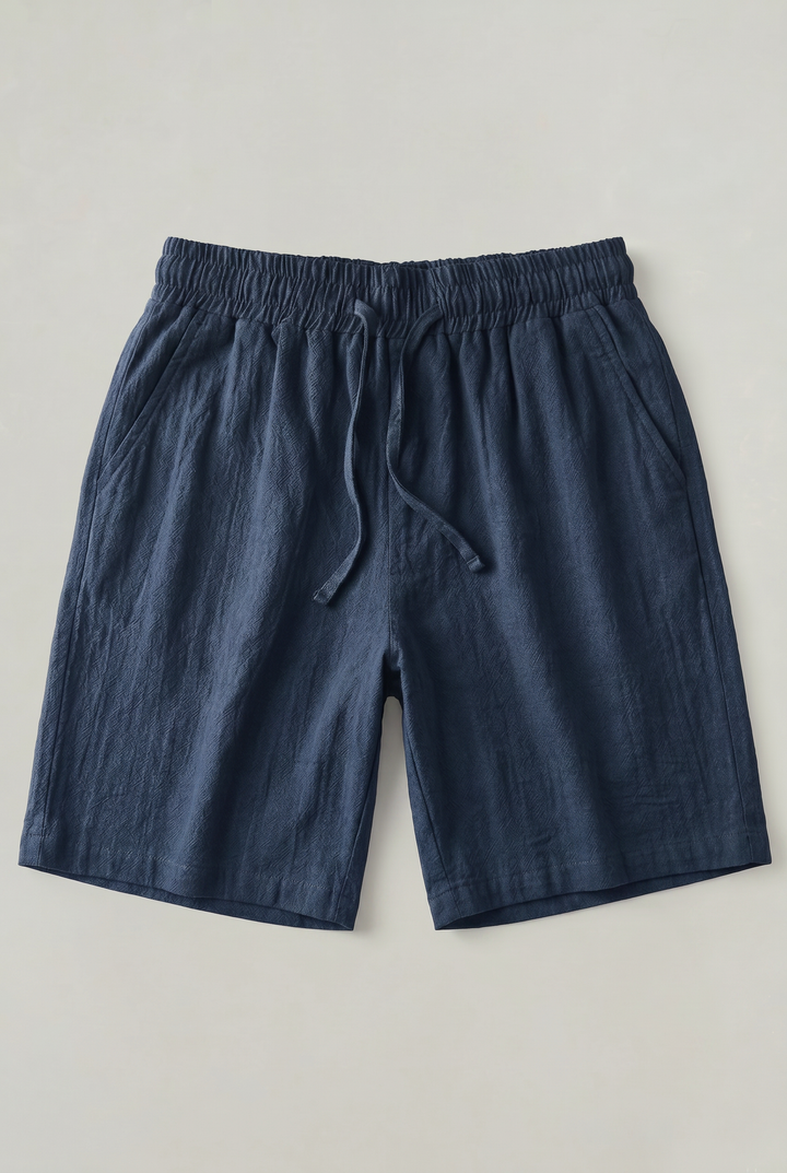 Men's navy linen blend shorts, relaxed fit with an elastic drawstring waist, versatile for casual summer & everyday wear.
