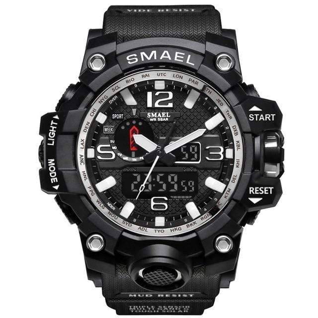 Side view of men's military dual display watch, highlighting durable construction.